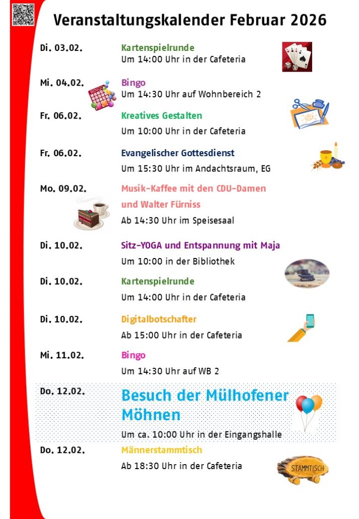 Eine Auflistung der im Januar stattfindenden Aktivitäten. Angegeben sind Datum, Uhrzeit und Veranstaltungsort.