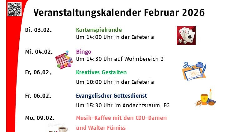 Eine Auflistung der im Januar stattfindenden Aktivitäten. Angegeben sind Datum, Uhrzeit und Veranstaltungsort.