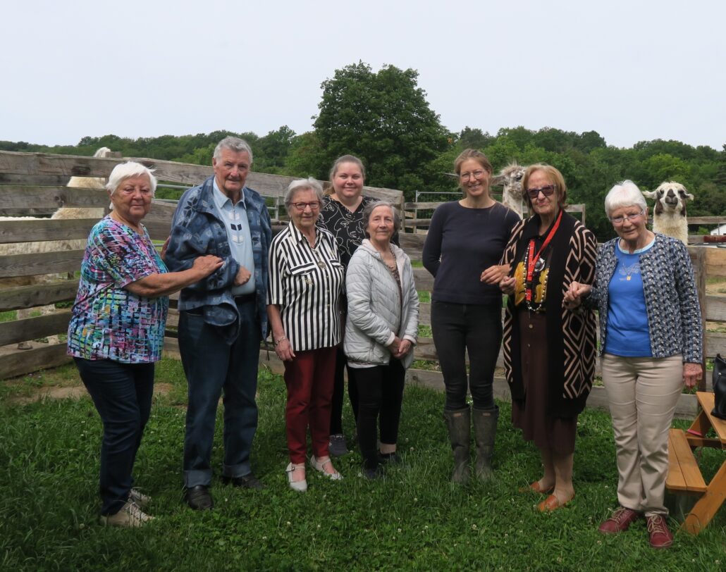 Das Bild zeigt einen Mann und 7 Frauen auf einer grünen Wiese stehend. Im Hintergrund sind die Köpfe zweier Glückslamas zu sehen.