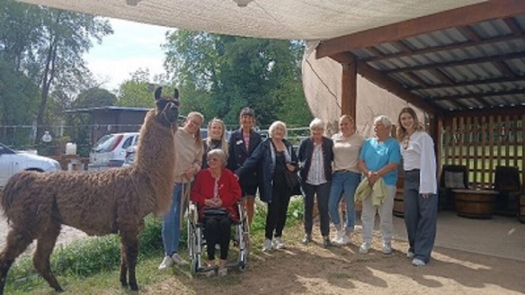 Auf dem Bild links ist ein braunes Lama zu sehen. Neben ihm stehen 8 Frauen und eine Frau sitzt in einem Rollstuhl. In allen Gesichtern ist ein Strahlen zu sehen.
